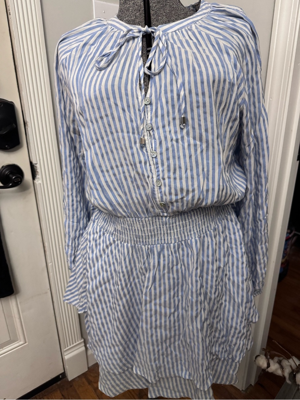 Women’s Entro Light Blue and White Striped Long-Sleeve Smocked Waist Dress LG